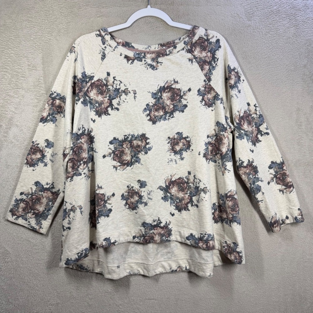 J. Jill Sweatshirt Women XL Petite Beige Floral Relaxed Fit Raglan High Low Hem